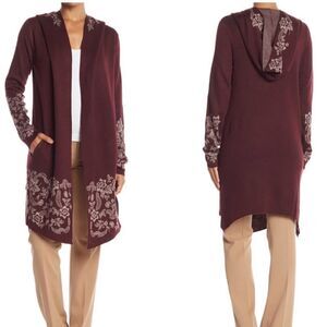 Vertigo Floral Knit Open Front Hooded Cardigan Lg